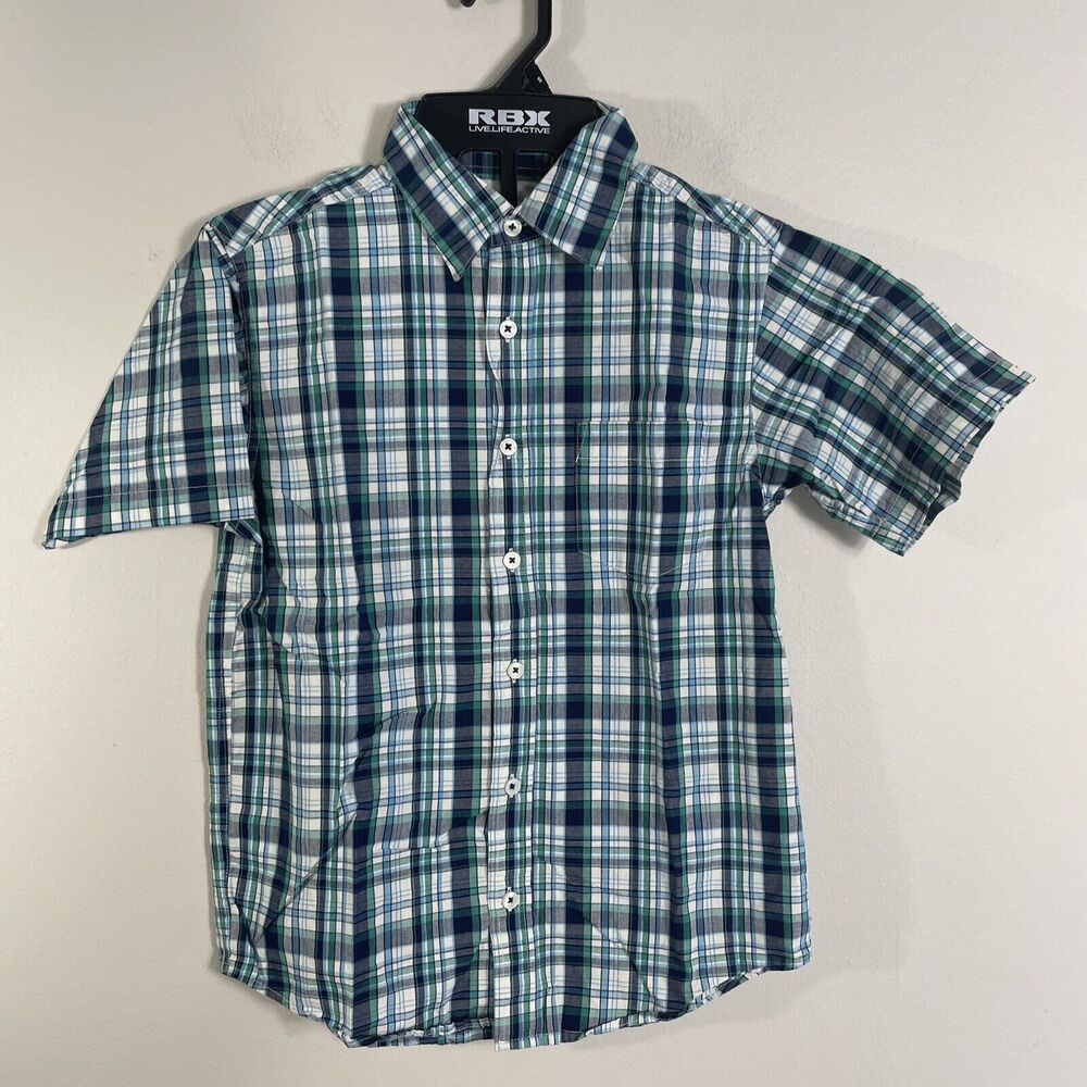 Faded Glory Boys Plaid Button Up Short Sleeve Shirt Size 10-12 Blue Green White